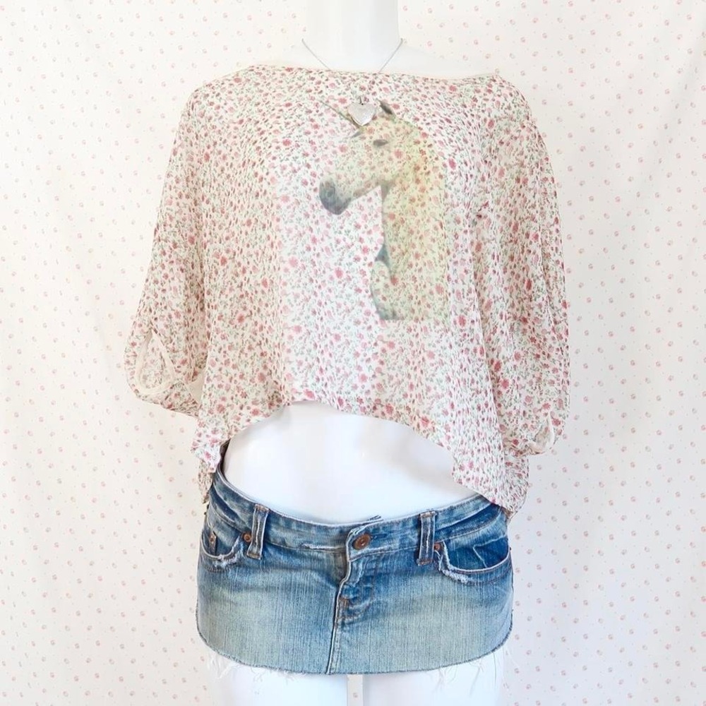 sheer floral blouse unicorn graphic oversized top fairycore cottagecore y2k